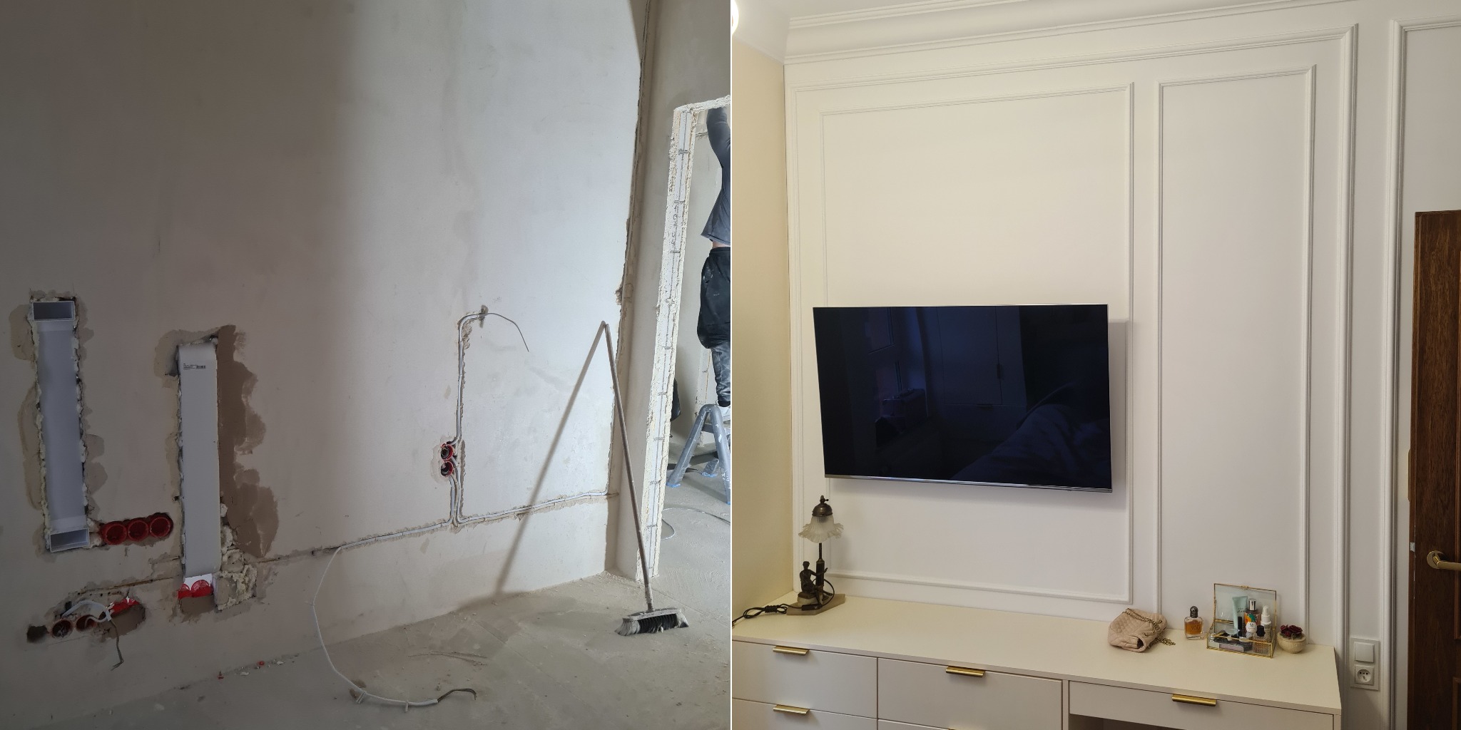 Zdjęcie 'przed i po' przedstawia ścianę z instalacją elektryczną w trakcie prac i po wykończeniu z dekoracyjnymi panelami oraz zamontowanym telewizorem.