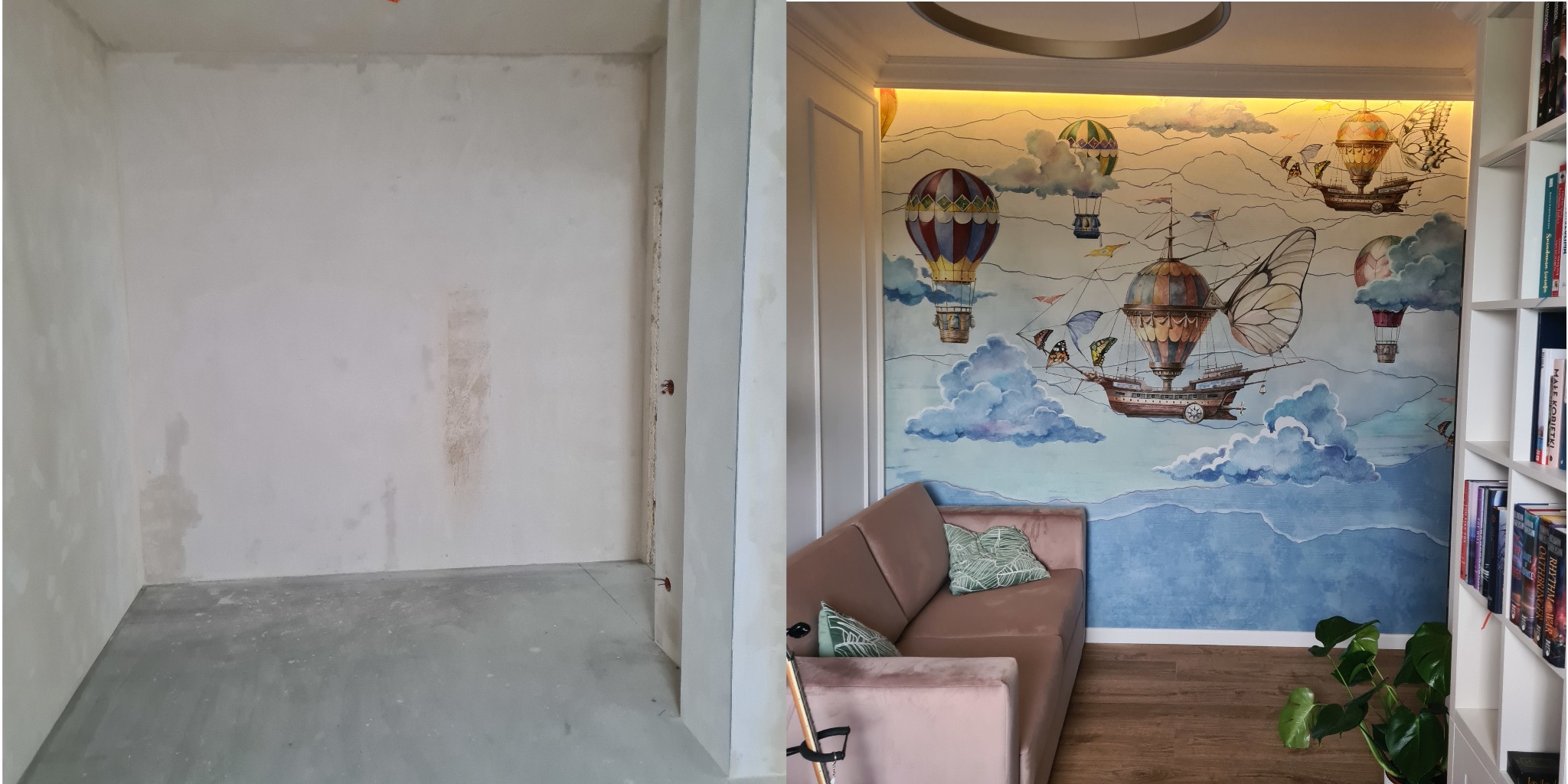 Zdjęcie 'przed i po' przedstawia pokój: surowy stan z szarą podłogą i ścianami do wykończenia oraz efektowny pokój z ręcznie malowaną ścianą w motywy balonów i statków.