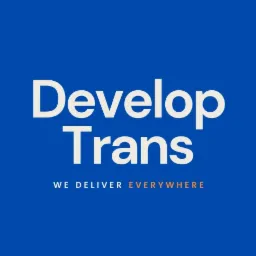 Logo firmy transportowej Develop Trans z hasłem 'We deliver everywhere' na granatowym tle.
