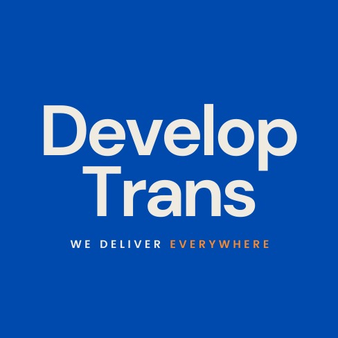 Logo firmy transportowej Develop Trans z hasłem 'We deliver everywhere' na granatowym tle.