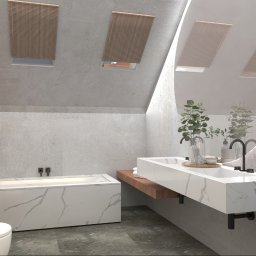 HouseOfDesign - Wizualizacja łazienki na poddaszu z marmurową wanną i umywalką na drewnianym blacie, okrągłe lustro odbija skosy dachu z roletami.