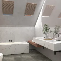 Wizualizacja łazienki na poddaszu z marmurową wanną i umywalką na drewnianym blacie, okrągłe lustro odbija skosy dachu z roletami.