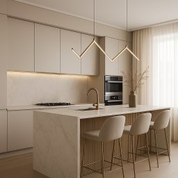 HouseOfDesign - Minimalistyczna kuchnia w beżach: marmurowy blat wyspy, złota armatura i lampa zygzak, trzy hokery, zabudowa kuchenna podświetlona ledami, jasne zasłony.