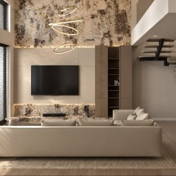 HouseOfDesign - Nowoczesny salon z wysokim sufitem, ścianą z marmurowym wzorem, okrągłym żyrandolem i podwieszanymi schodami ze szklaną balustradą. Beżowa sofa i zabudowa RTV.