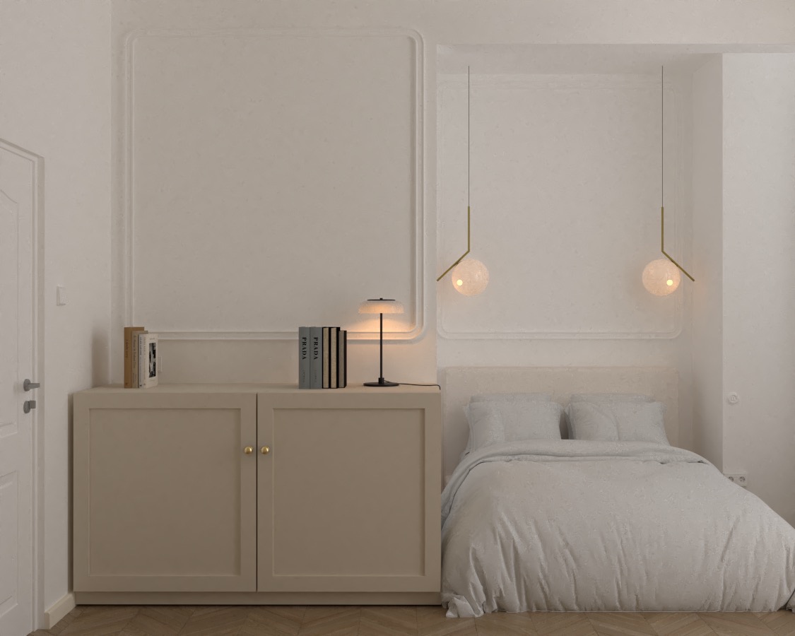 Kremowa sypialnia z minimalistycznym wystrojem: szafka z książkami, lampka nocna i wiszące lampy kuliste