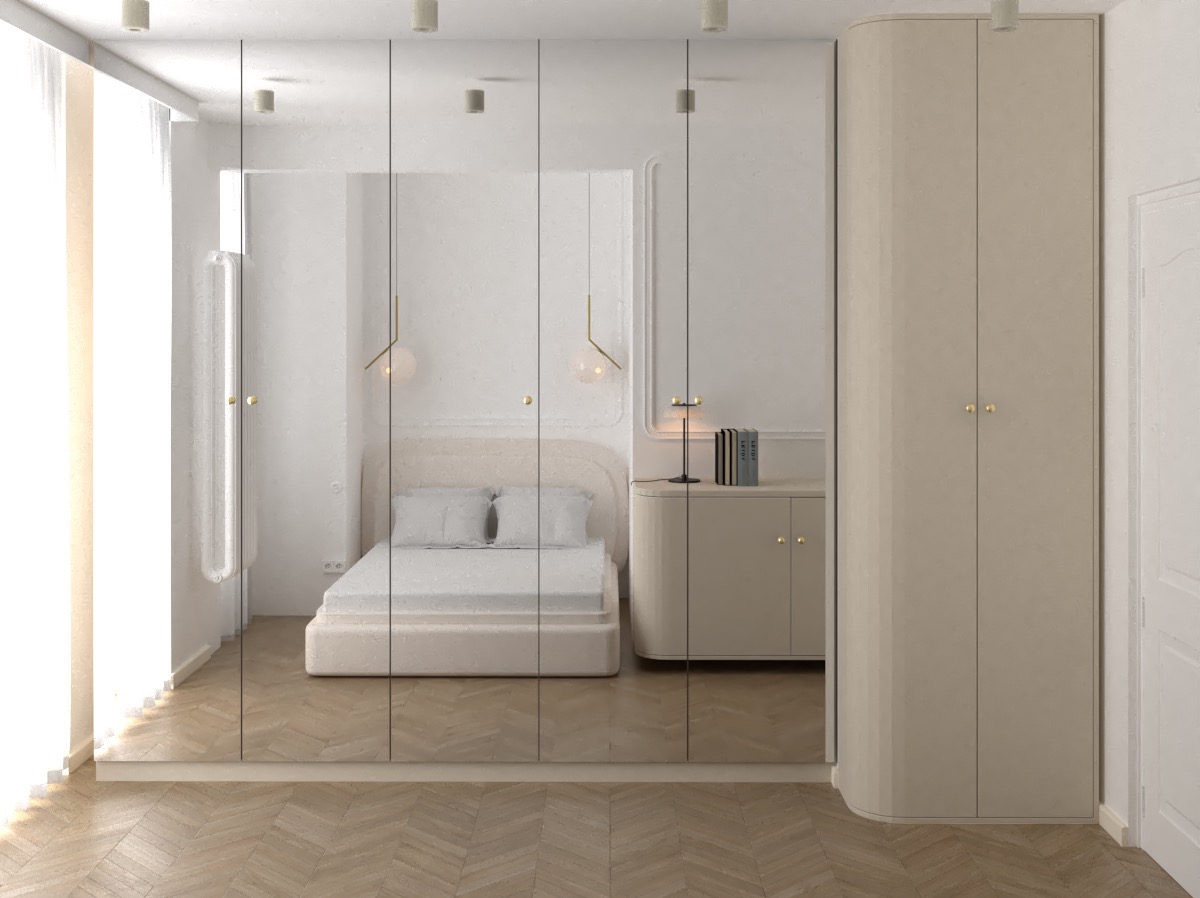 Nowoczesna sypialnia z łóżkiem na podeście i lustrzanymi drzwiami szafy, oświetlona wiszącymi lampami z kulistymi kloszami i lampką nocną na szafce, na podłodze parkiet ułożony we wzór jodełki.