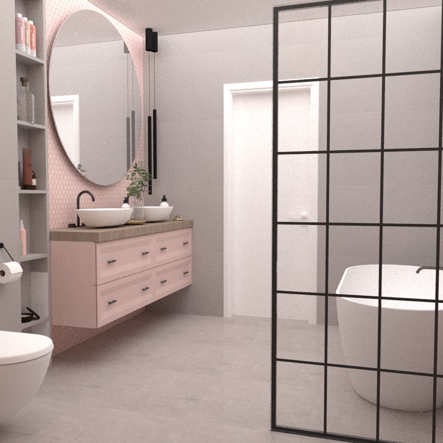 Jasna łazienka z różowymi akcentami: umywalka nablatowa na szafce z szufladami, okrągłe lustro, heksagonalne płytki, kabina prysznicowa typu walk-in z czarnymi profilami.