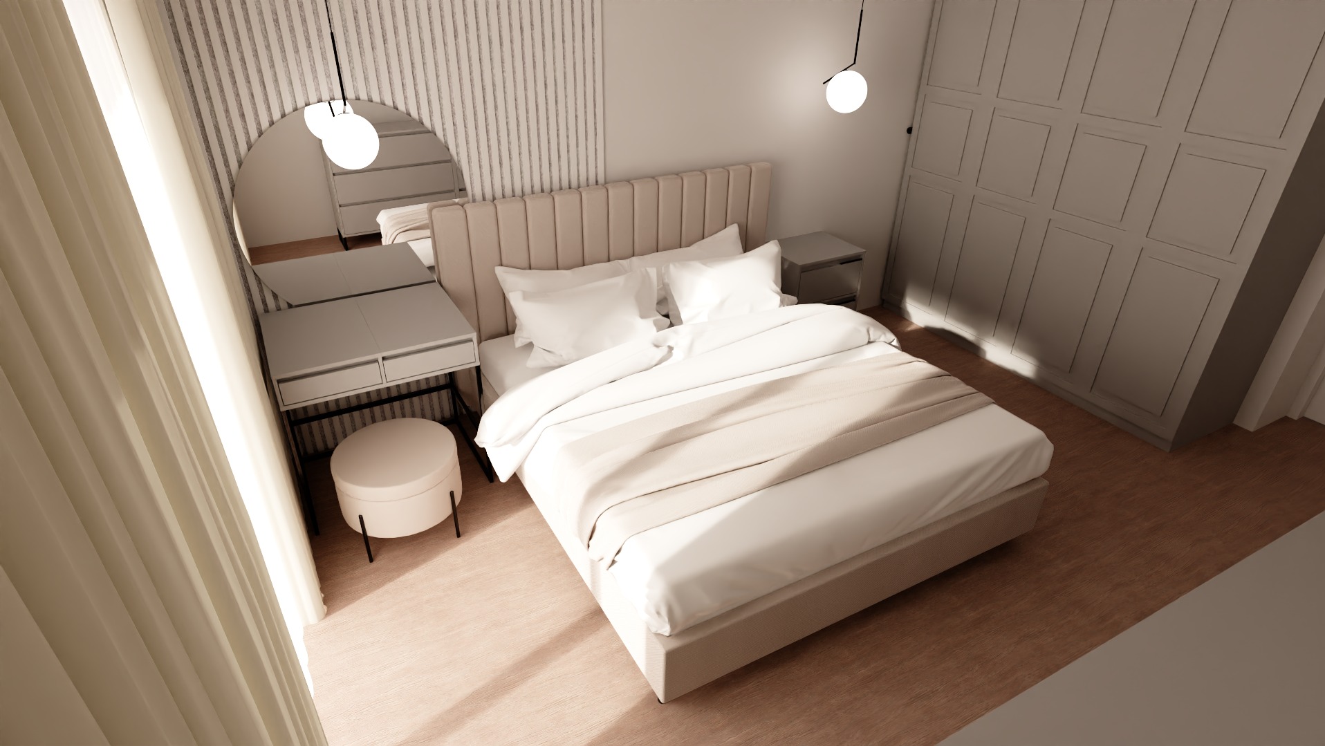 Jasna sypialnia z dużym łóżkiem, toaletką z okrągłym lustrem i pufą, oświetlona wiszącymi lampami, z szafą w zabudowie w tle.