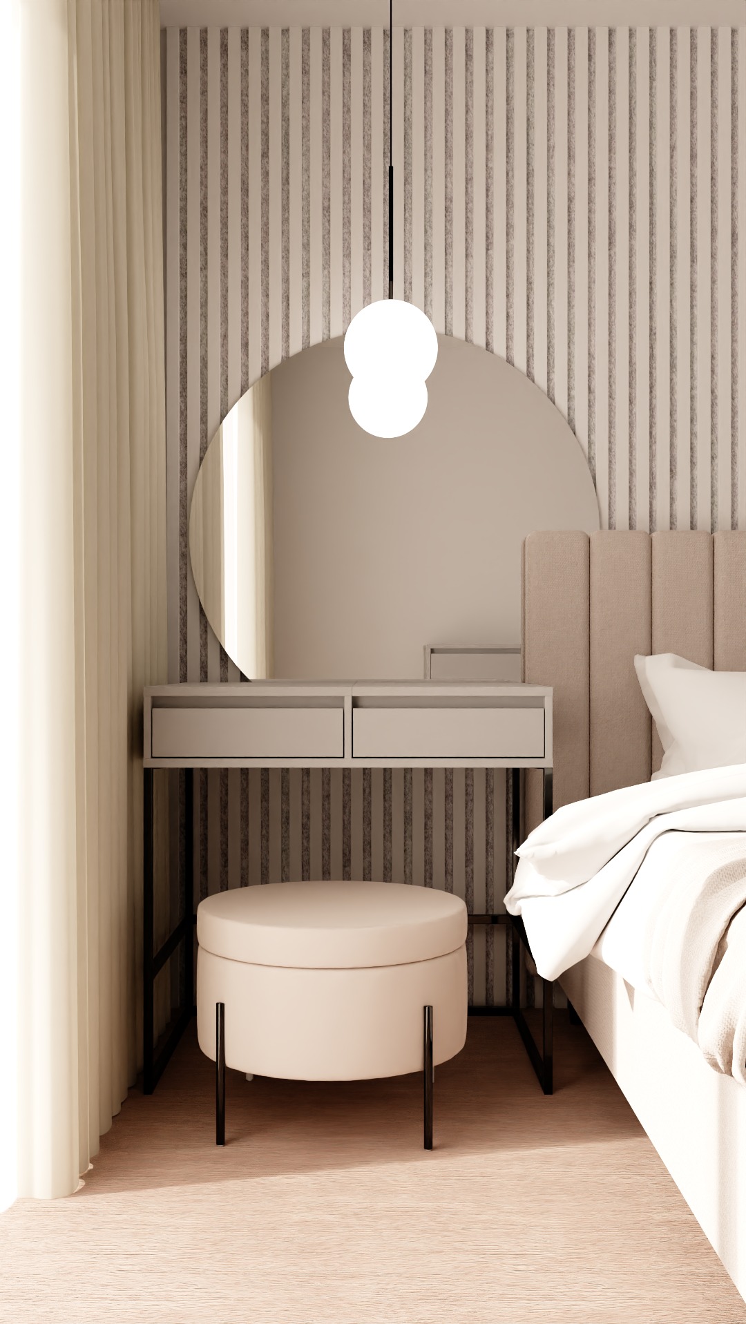 Nowoczesna toaletka z owalnym lustrem i okrągłym pufem w sypialni, minimalistyczny design z pionowymi pasami na ścianie i wiszącą lampą kulą.