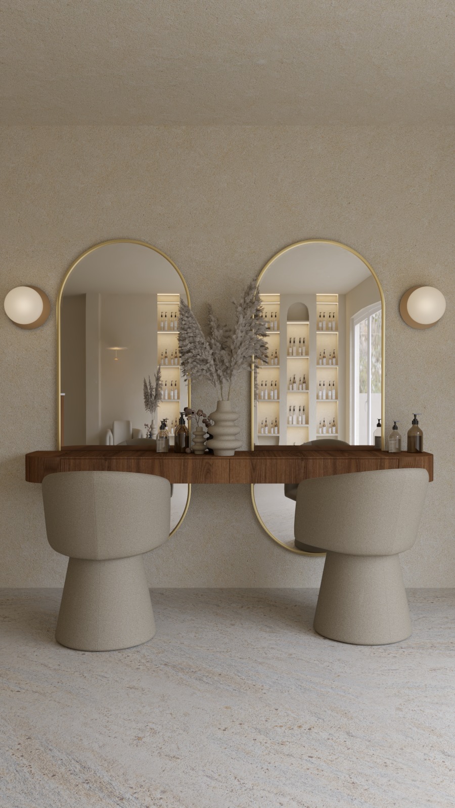 Beżowe wnętrze salonu fryzjerskiego z dwoma stanowiskami: lustra w złotych ramach, drewniany blat, krzesła w kształcie kielicha i dekoracje.