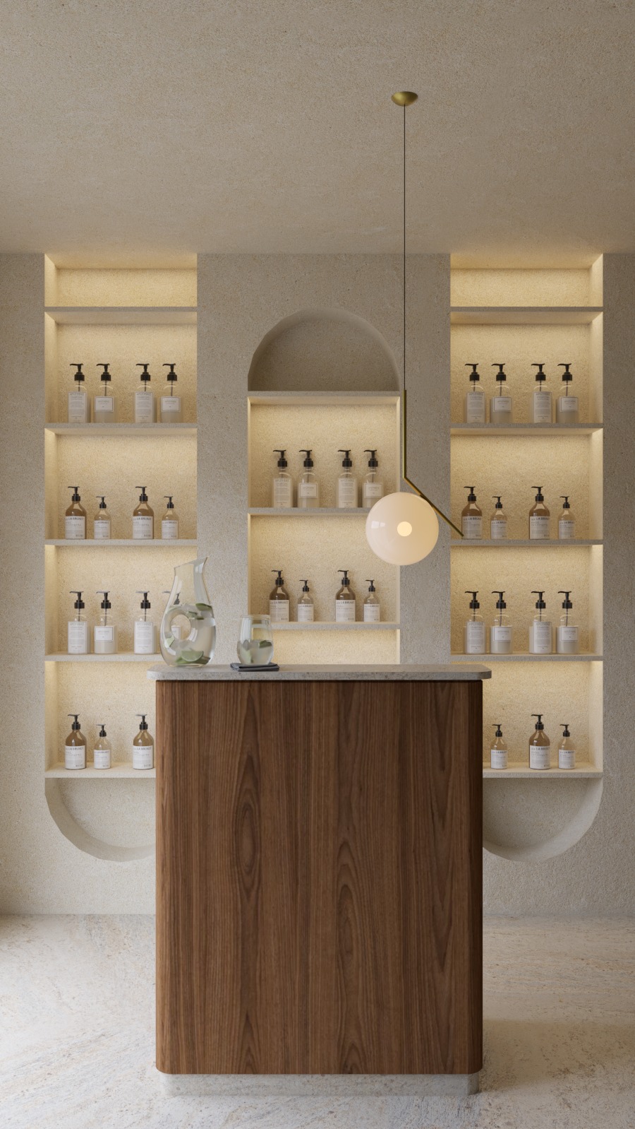 Minimalistyczny projekt wnętrza z drewnianym blatem, oświetlonymi półkami i neutralną kolorystyką, prezentujący eleganckie i uporządkowane przestrzenie.