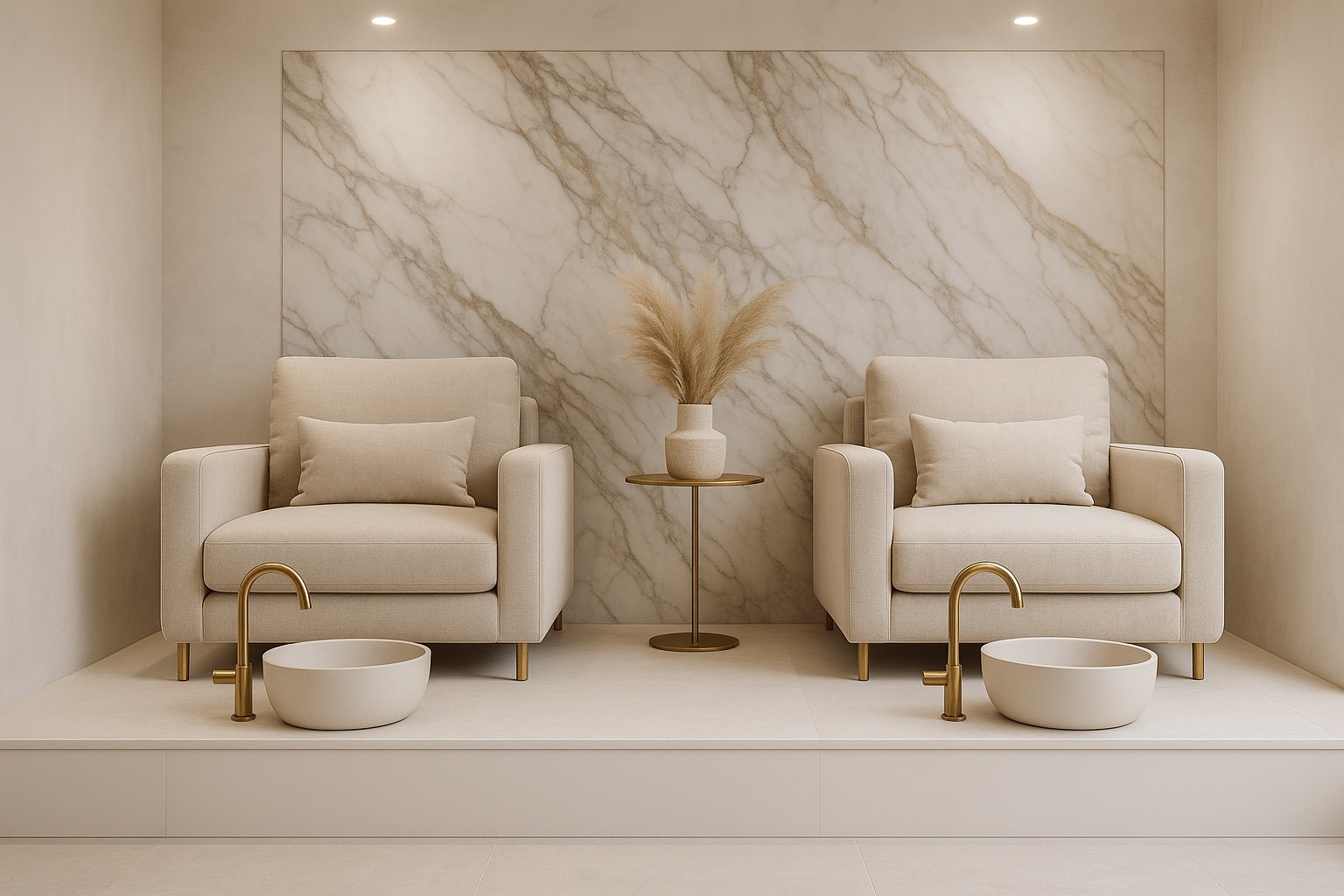 Stylowa aranżacja salonu SPA z dwoma fotelami, misami do zabiegów i marmurową ścianą w tle. Neutralna kolorystyka, minimalistyczny design, złote akcenty armatury.