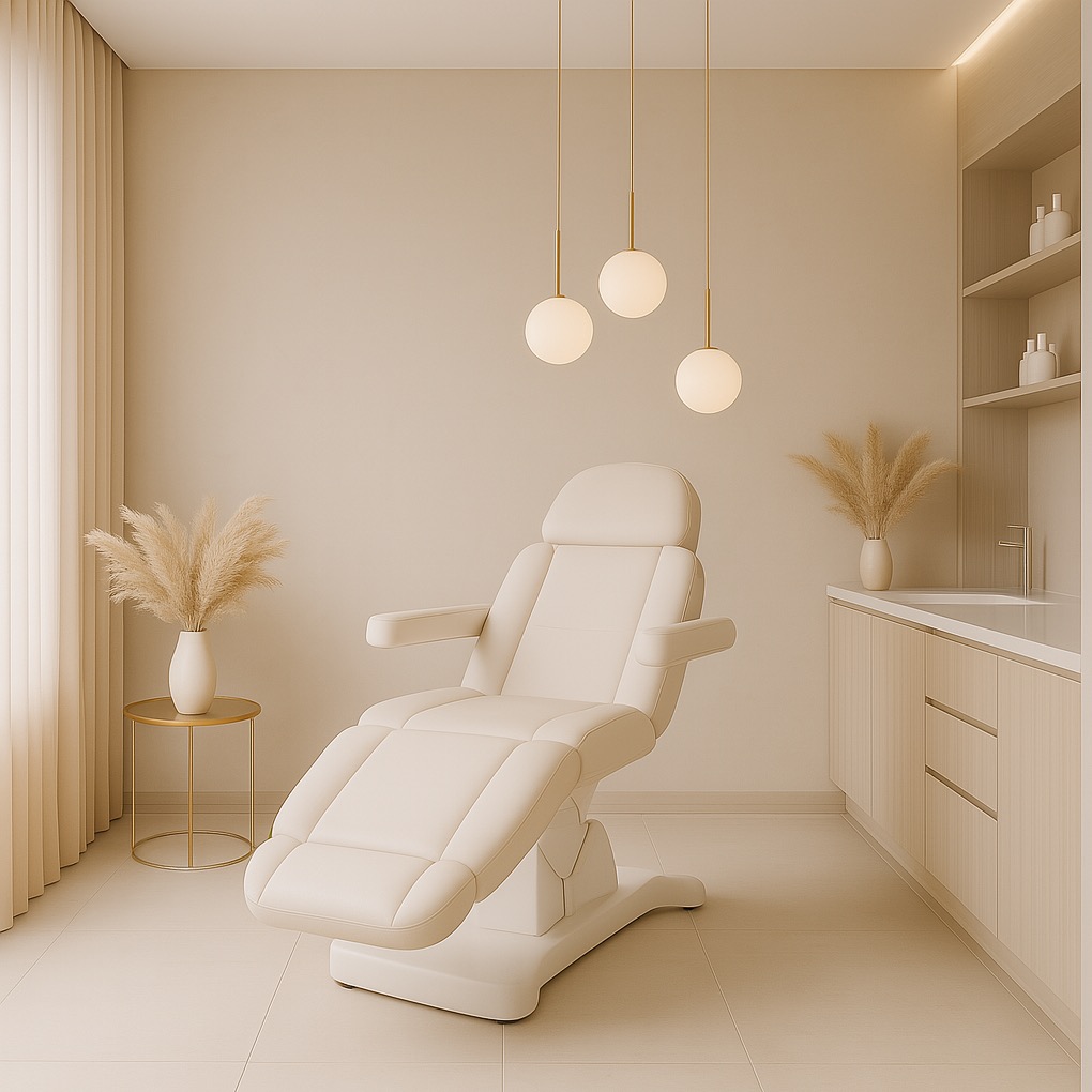 Beżowy gabinet kosmetyczny z regulowanym fotelem, kulistymi lampami wiszącymi i dekoracyjnymi trawami w wazonach. Minimalistyczny design, stonowana kolorystyka.