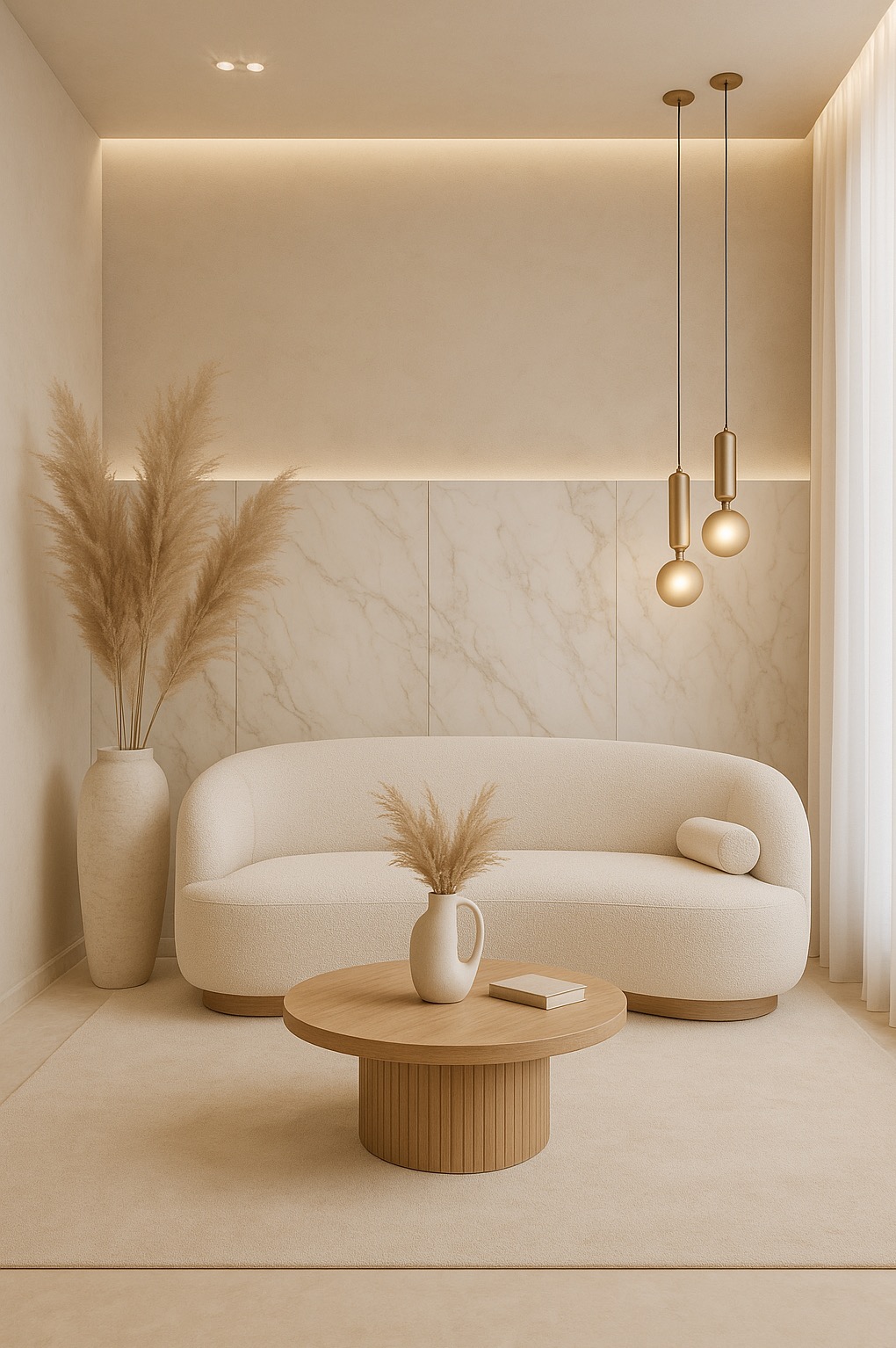 Beżowe wnętrze: sofa, stolik z wazonem i książką, wysoka donica z trawą pampasową, marmurowe panele ścienne i wiszące lampy. Subtelne oświetlenie.
