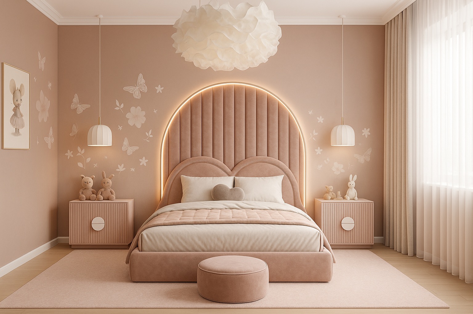 Pokój dziecięcy w pudrowym różu: łóżko z podświetlanym wezgłowiem, puf, szafki nocne, lampy wiszące i dekoracje ścienne z motywem kwiatów i motyli.