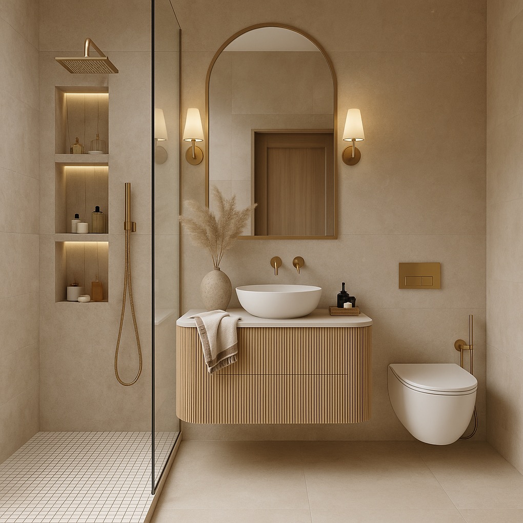 Beżowa łazienka z kabiną prysznicową typu walk-in, umywalką nablatową na szafce z lamelami, owalnym lustrem z podświetleniem i minimalistyczną toaletą.