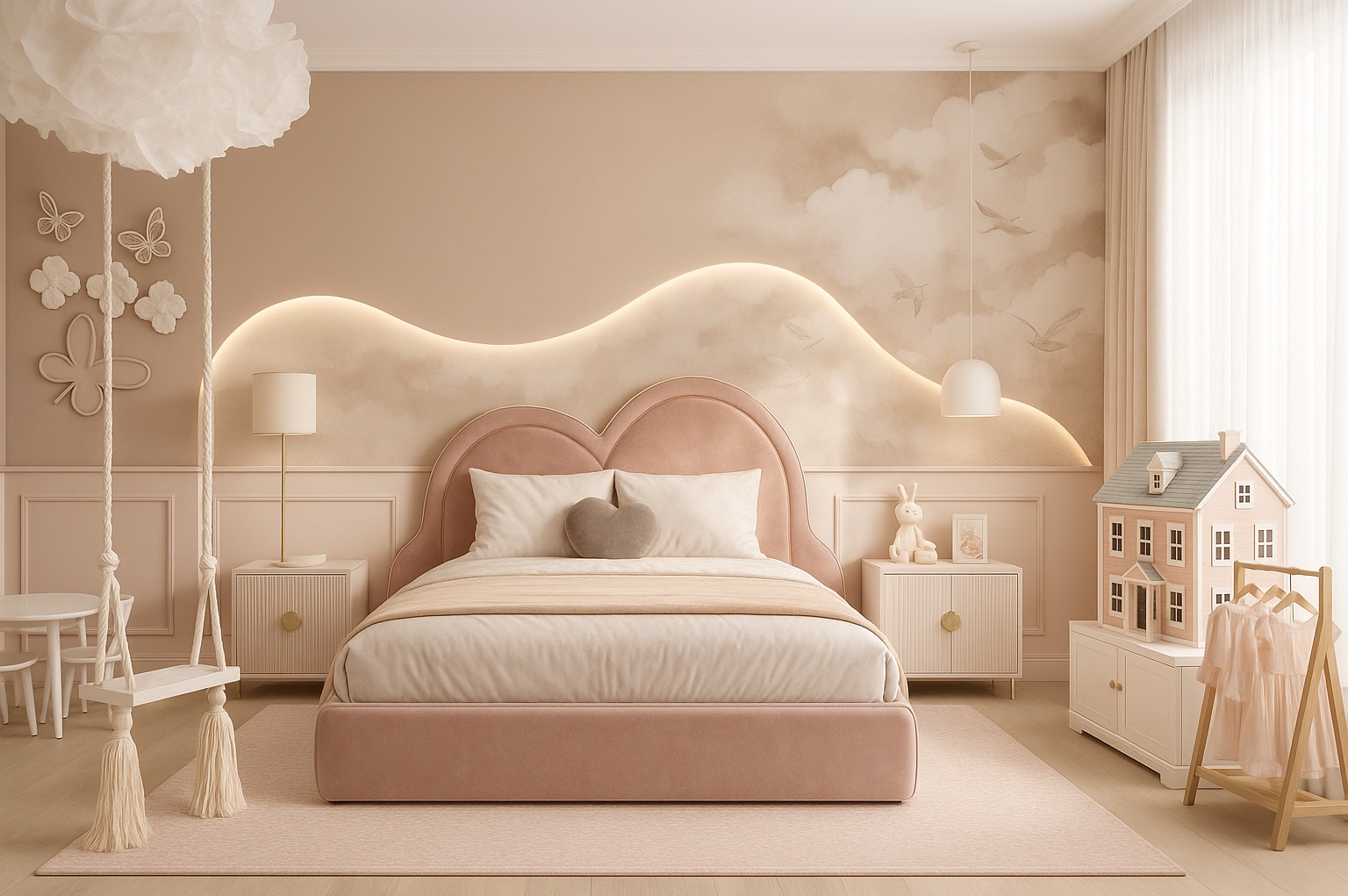 Jasny pokój dziecięcy z łóżkiem w kształcie serca, huśtawką i domkiem dla lalek. Pastelowa kolorystyka, dekoracyjne oświetlenie i subtelne malowidła na ścianie.