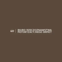 Logo Biura Rzeczoznawstwa Motoryzacyjnego BRMOT na brązowym tle. Biały symbol samochodu w okręgu po lewej stronie, obok pionowa linia i tekst: BIURO RZECZOZNAWSTWA MOTORYZACYJNEGO BRMOT.