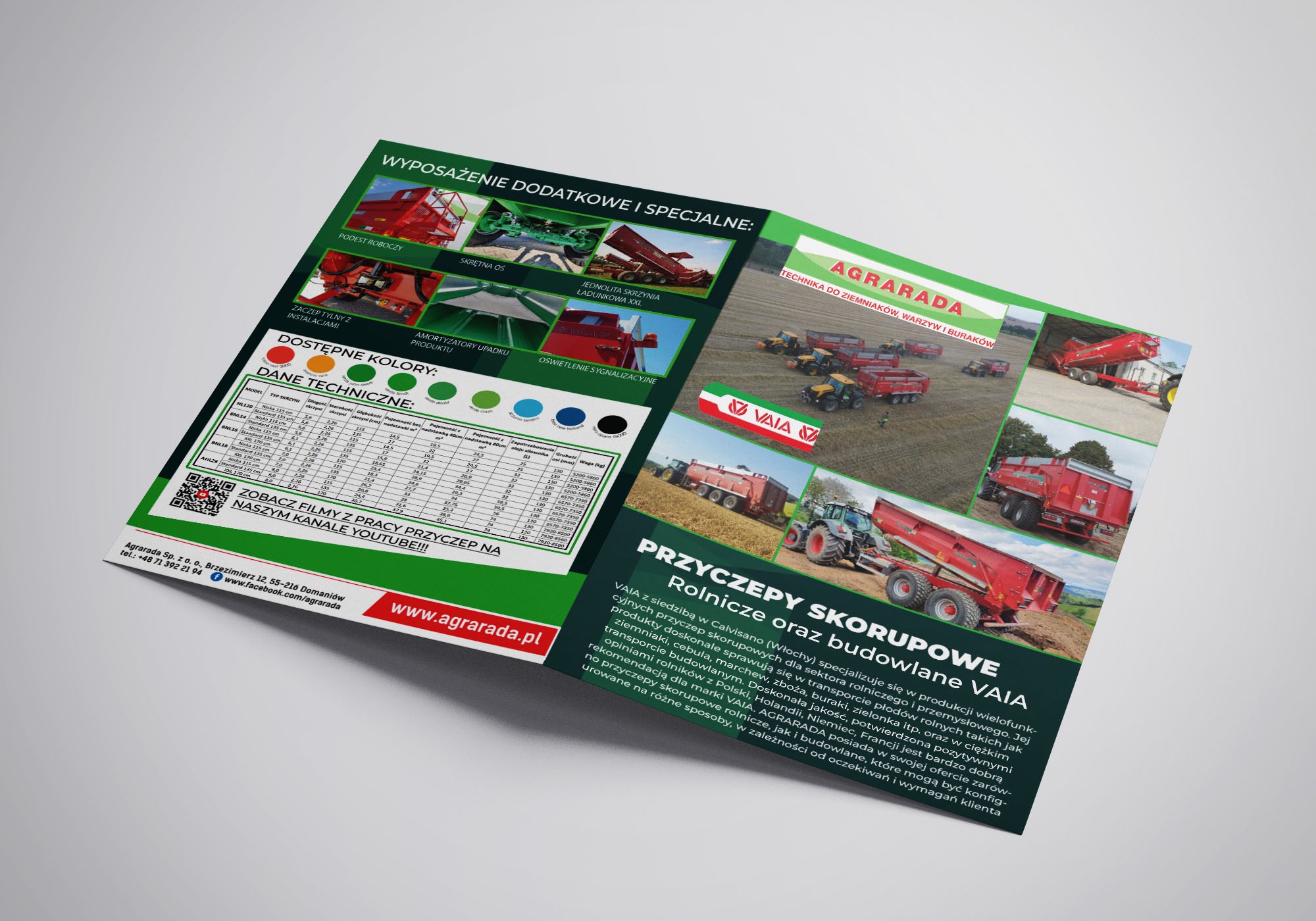 Ulotka reklamowa firmy Agrarada prezentująca przyczepy rolnicze i budowlane VAIA, z detalami technicznymi, kolorami, wyposażeniem dodatkowym i specjalnym, oraz adres firmy i link do kanału YouTube.