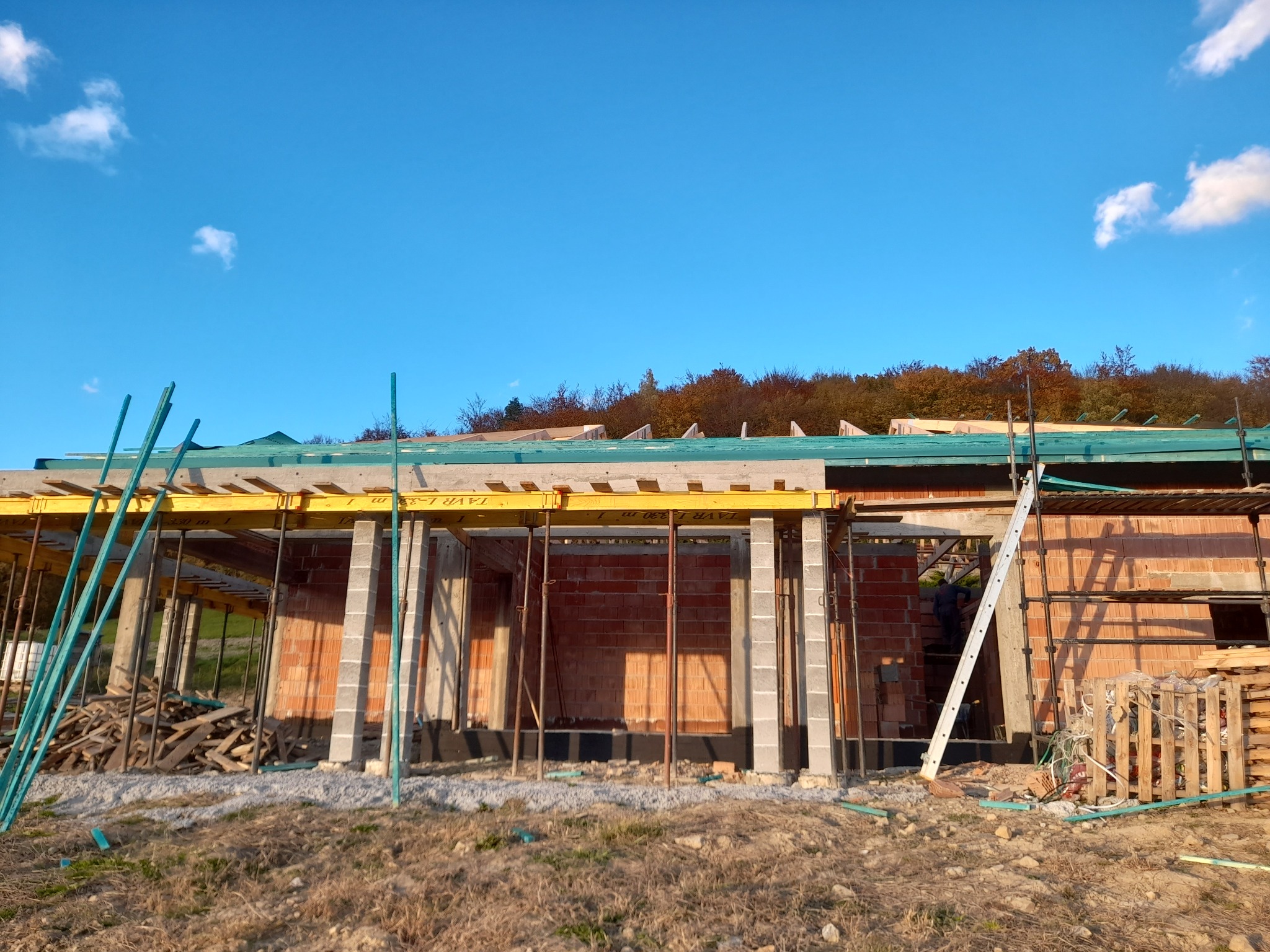 Budowa domu z cegły w trakcie realizacji, widoczne szalunki, podpory i rusztowania, w tle las i błękitne niebo z chmurami.