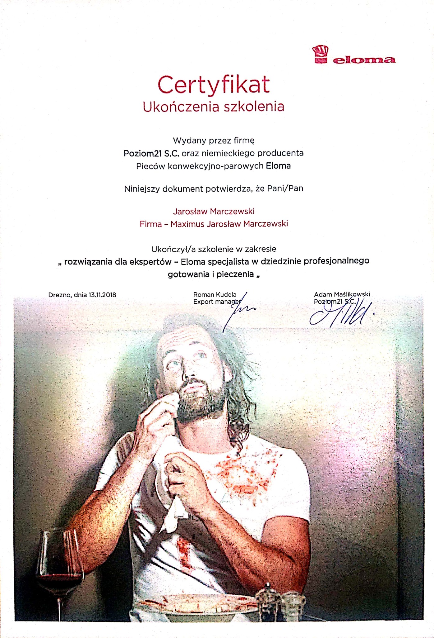 Certyfikat ukończenia szkolenia Eloma dla Jarosława Marczewskiego, wydany przez Poziom21 S.C., potwierdzający ukończenie szkolenia w zakresie rozwiązań dla ekspertów w dziedzinie profesjonalnego...