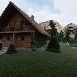 Wizualizacja drewnianego domu letniskowego z balkonem, w otoczeniu górskiego krajobrazu. Kobieta spaceruje z psem po ścieżce prowadzącej do domu. W tle widoczne konie i jezioro.