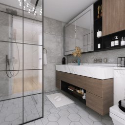 Gintur - Projektant Graficzny - Nowoczesna łazienka z kabiną typu walk-in, marmurowym blatem i drewnianymi szafkami. Minimalistyczny design, szara kolorystyka, heksagonalne płytki podłogowe.