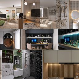 Gintur - Projektant Graficzny - Kolaż z dziewięciu zdjęć prezentujących różnorodne, nowocześnie urządzone wnętrza: salon, łazienka, kuchnia, biuro, garderoba. Dominują jasne barwy i naturalne materiały.