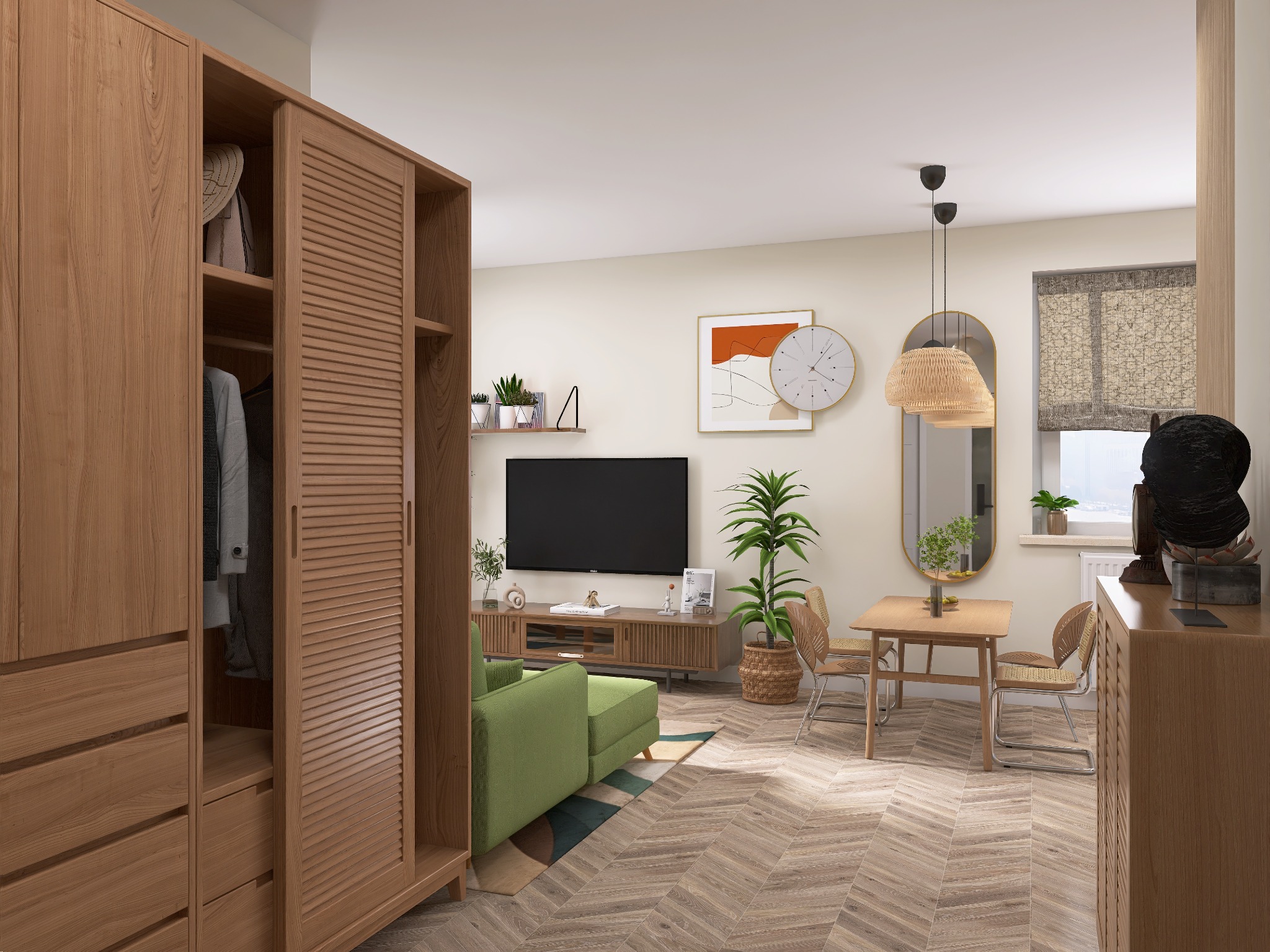 Jasne, przestronne wnętrze mieszkania z drewnianą podłogą w jodełkę, zieloną sofą i otwartą szafą z ubraniami. Widoczny stół z krzesłami i dekoracje.