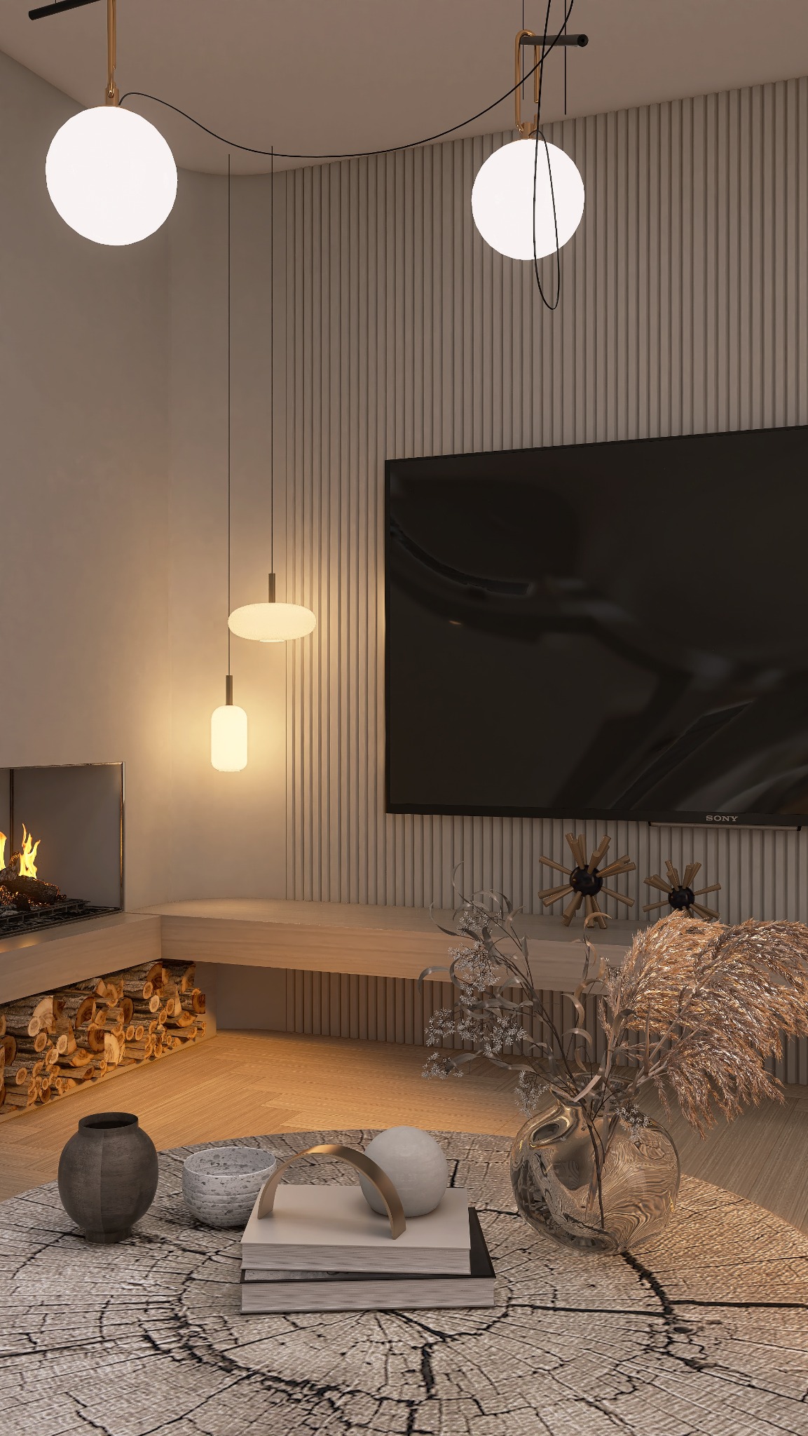 Stylowy salon z kominkiem i telewizorem na tle ściany z pionowymi panelami. Okrągły stolik kawowy z dekoracjami. Dwie wiszące lampy kuliste. Ciepłe oświetlenie.