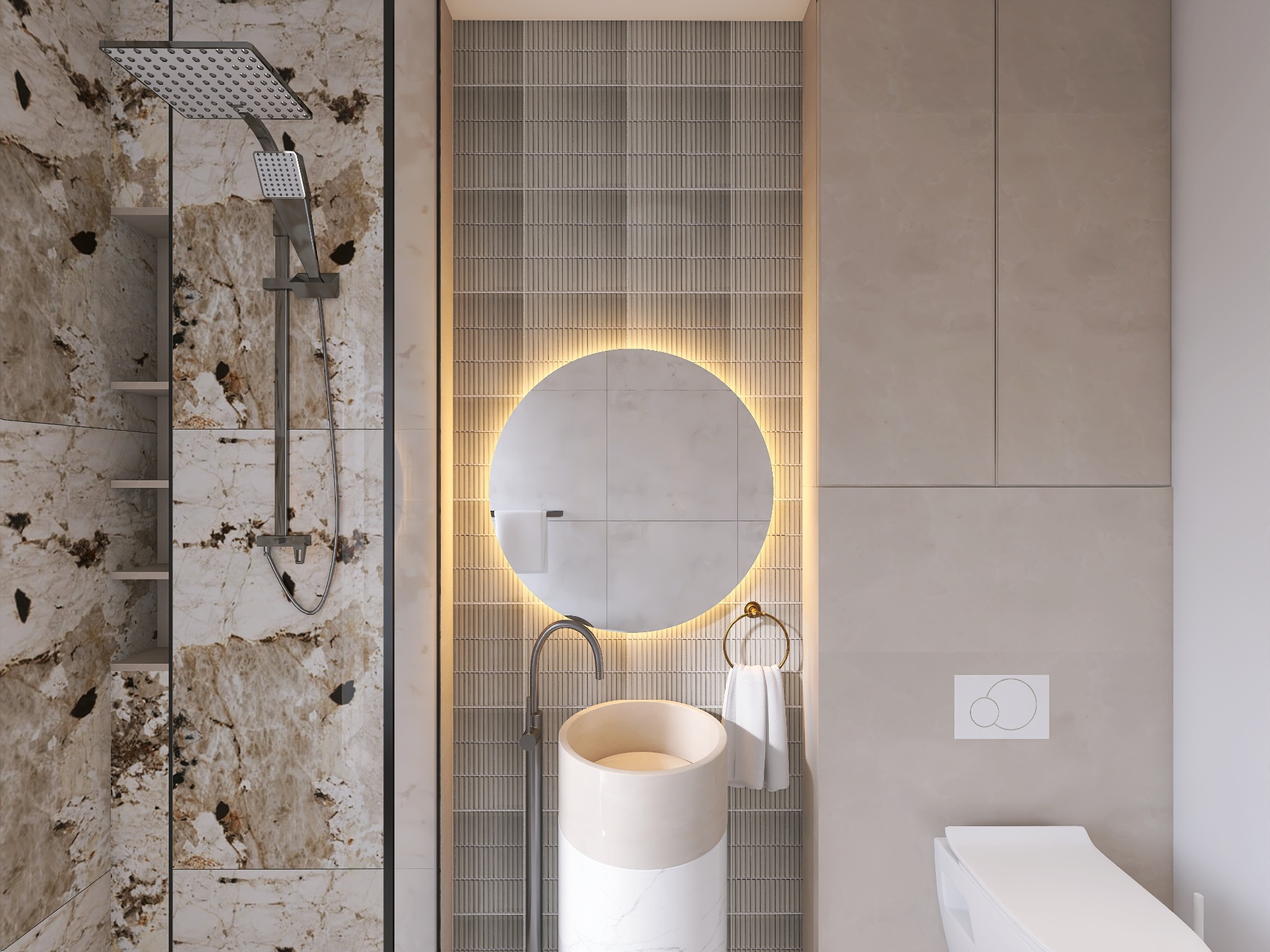 Nowoczesna łazienka z marmurowym prysznicem typu walk-in, okrągłym lustrem z podświetleniem i minimalistyczną umywalką wolnostojącą. Eleganckie wykończenie.