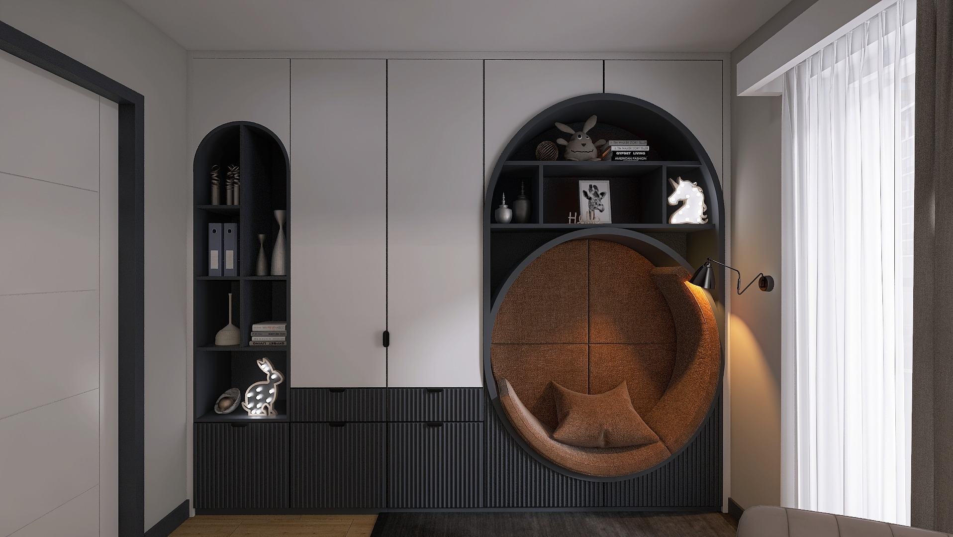 Nowoczesny pokój dziecięcy z zabudową meblową: białe szafy, czarne ryflowane fronty, okrągły fotel wnękowy z oświetleniem i półki z dekoracjami. Minimalistyczny design.