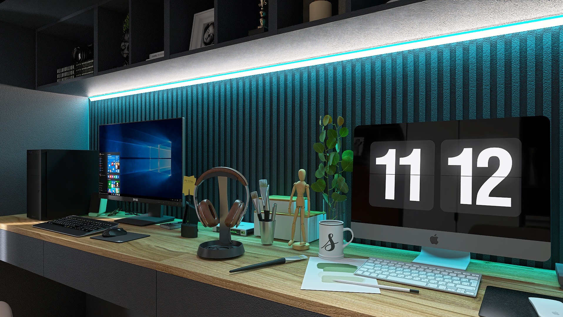 Nowoczesne biuro domowe z komputerem, słuchawkami i akcesoriami na drewnianym biurku, oświetlone niebieskim światłem LED, tworzące inspirującą przestrzeń do pracy.