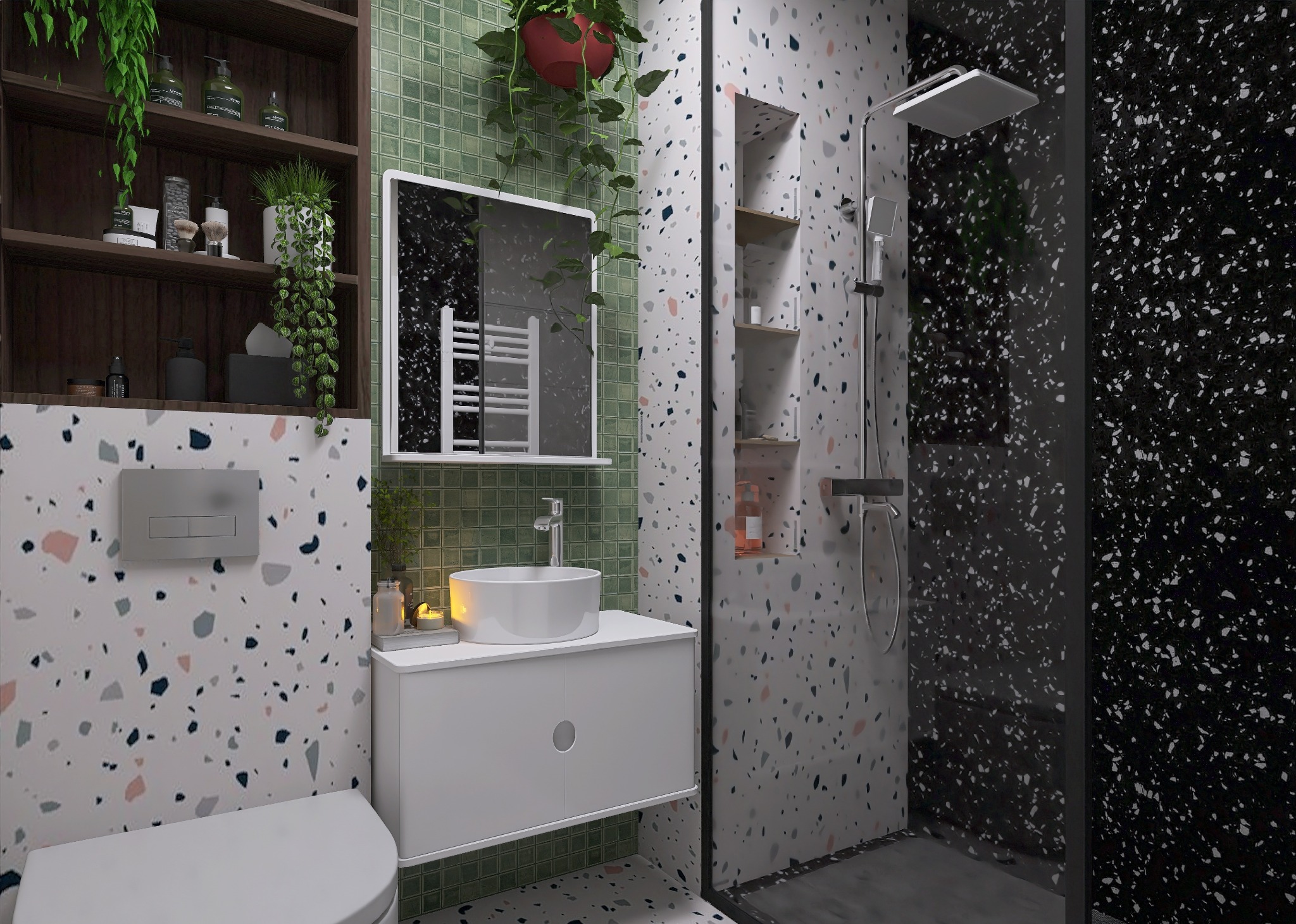 Nowoczesna łazienka z umywalką nablatową, kabiną prysznicową typu walk-in i roślinami doniczkowymi. Uwagę przykuwają płytki lastryko na ścianach i podłodze.