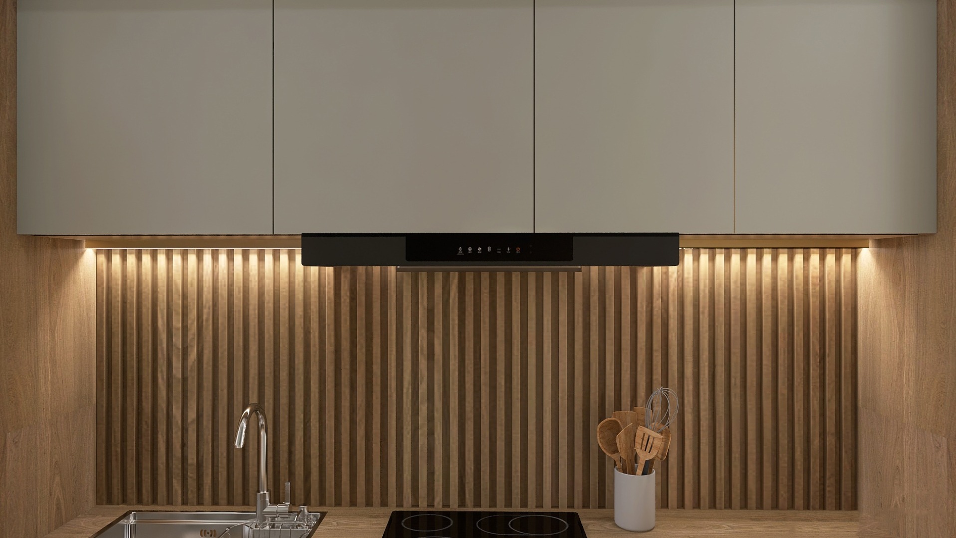 Nowoczesna kuchnia z drewnianym panelem ściennym, oświetleniem LED pod szafkami i czarnym okapem. Minimalistyczny design z elementami wyposażenia.