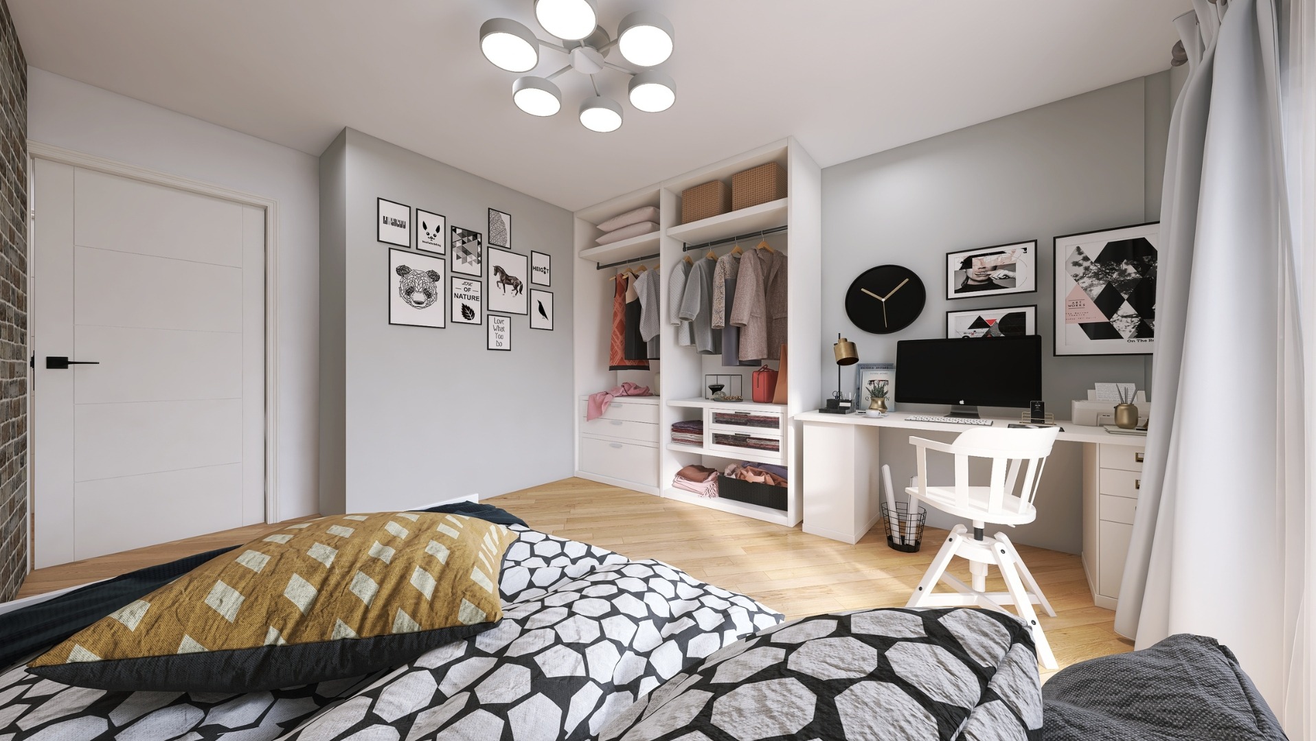 Jasna sypialnia z łóżkiem w geometryczne wzory, biurkiem z komputerem i otwartą szafą wnękową. Minimalistyczny wystrój z galerią grafik na ścianie.