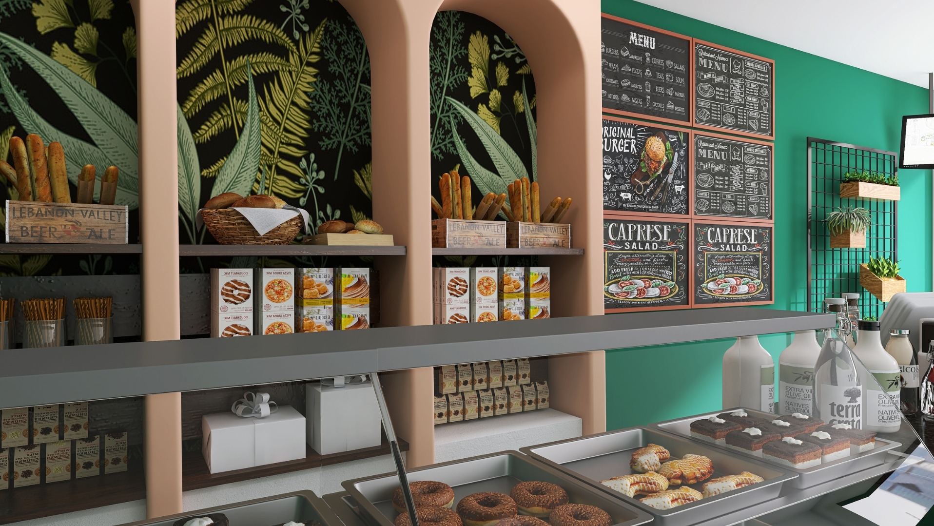 Wnętrze kawiarni z półkami pełnymi pieczywa, ciastek i napojów. Dekoracyjne tło z motywem roślinnym i tablice menu na ścianie. Nowoczesny design.