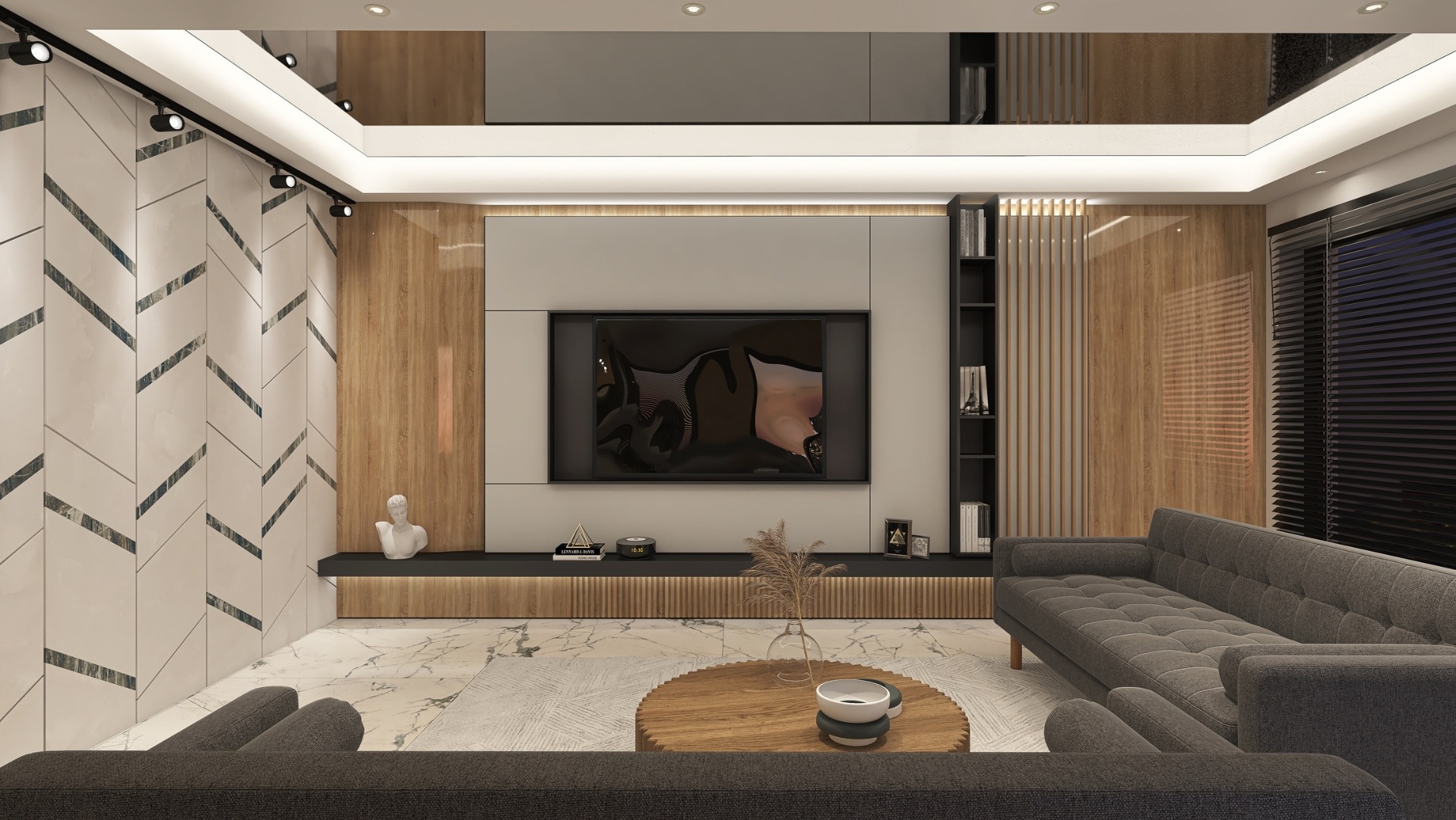 Nowoczesny salon z telewizorem, szarą sofą i drewnianymi akcentami. Ściana z geometrycznym wzorem i marmurowa podłoga dodają elegancji. Oświetlenie punktowe podkreśla detale.