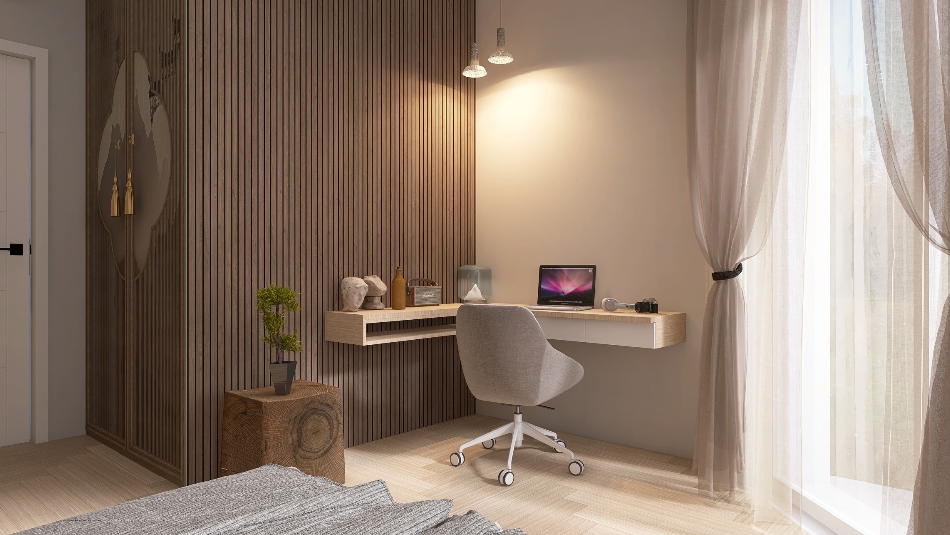 Nowoczesny pokój z biurkiem wiszącym, drewnianą ścianą z lamelami i szafą z dekoracyjnym frontem. Minimalistyczny design, ciepłe oświetlenie, jasne zasłony.