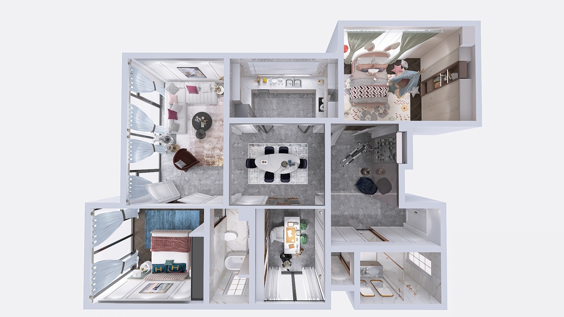 Rzut z góry na aranżację mieszkania: salon z sofą, jadalnia z okrągłym stołem, sypialnia z baldachimem, kuchnia, łazienka i pokój z rowerem. Nowoczesny design, jasne kolory.