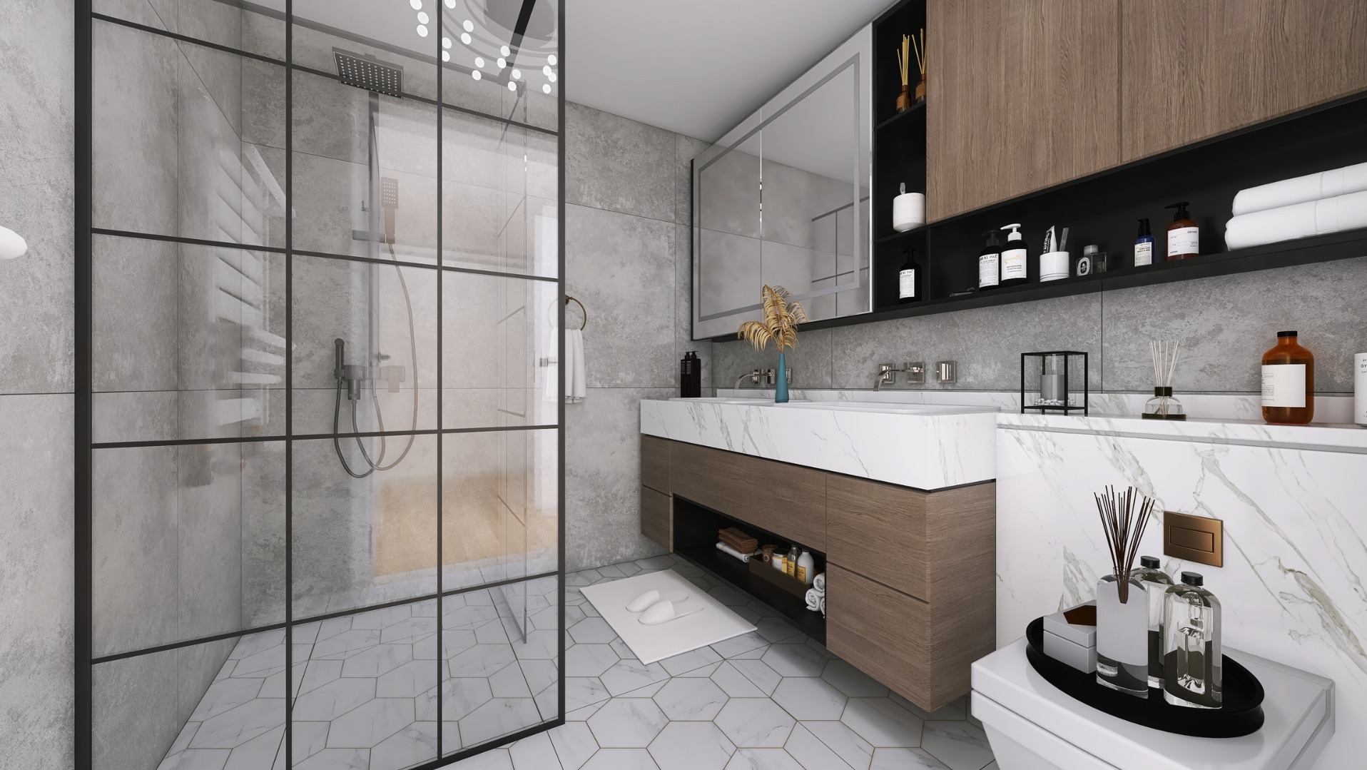 Nowoczesna łazienka z kabiną typu walk-in, marmurowym blatem i drewnianymi szafkami. Minimalistyczny design, szara kolorystyka, heksagonalne płytki podłogowe.