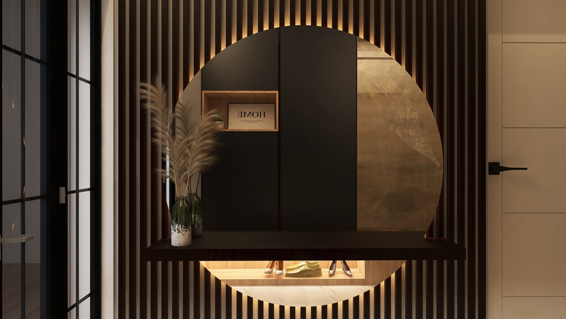 Nowoczesna aranżacja przedpokoju z okrągłym lustrem podświetlonym LED, drewnianymi lamelami i półką na buty. Minimalistyczny design z elementami dekoracyjnymi.