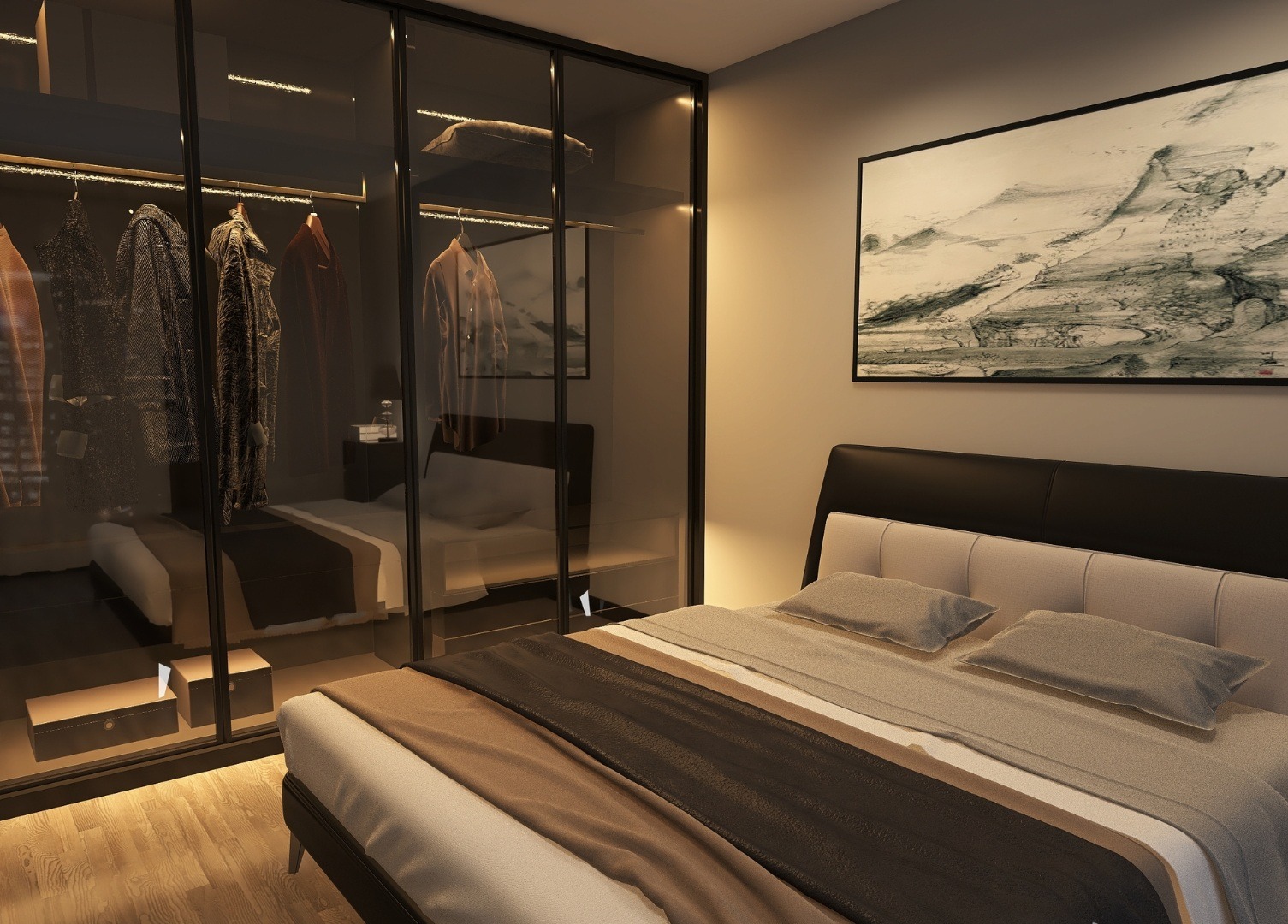 Nowoczesna sypialnia z łóżkiem w odcieniach beżu i brązu, przeszklona szafa z podświetleniem LED i abstrakcyjny obraz na ścianie. Minimalistyczny design.