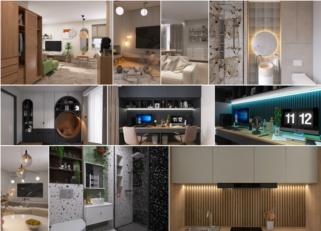 Kolaż z dziewięciu zdjęć prezentujących różnorodne, nowocześnie urządzone wnętrza: salon, łazienka, kuchnia, biuro, garderoba. Dominują jasne barwy i naturalne materiały.