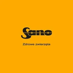 Logo firmy Sano na pomarańczowym tle z napisem 'Zdrowe zwierzęta' pod spodem.