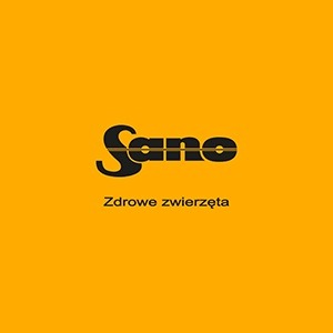 Logo firmy Sano na pomarańczowym tle z napisem 'Zdrowe zwierzęta' pod spodem.