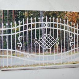 BAK-STAL - Zdjęcie białego, metalowego ogrodzenia z ozdobnymi elementami na tle lasu. Widoczne proste, pionowe pręty oraz poziome elementy dekoracyjne w kształcie fal i rombów. Ogrodzenie pomalowane na biało,...