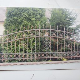 BAK-STAL - Kute ogrodzenie z dekoracyjnymi elementami na tle wysokich tuj i fragmentu domu z dachówką.