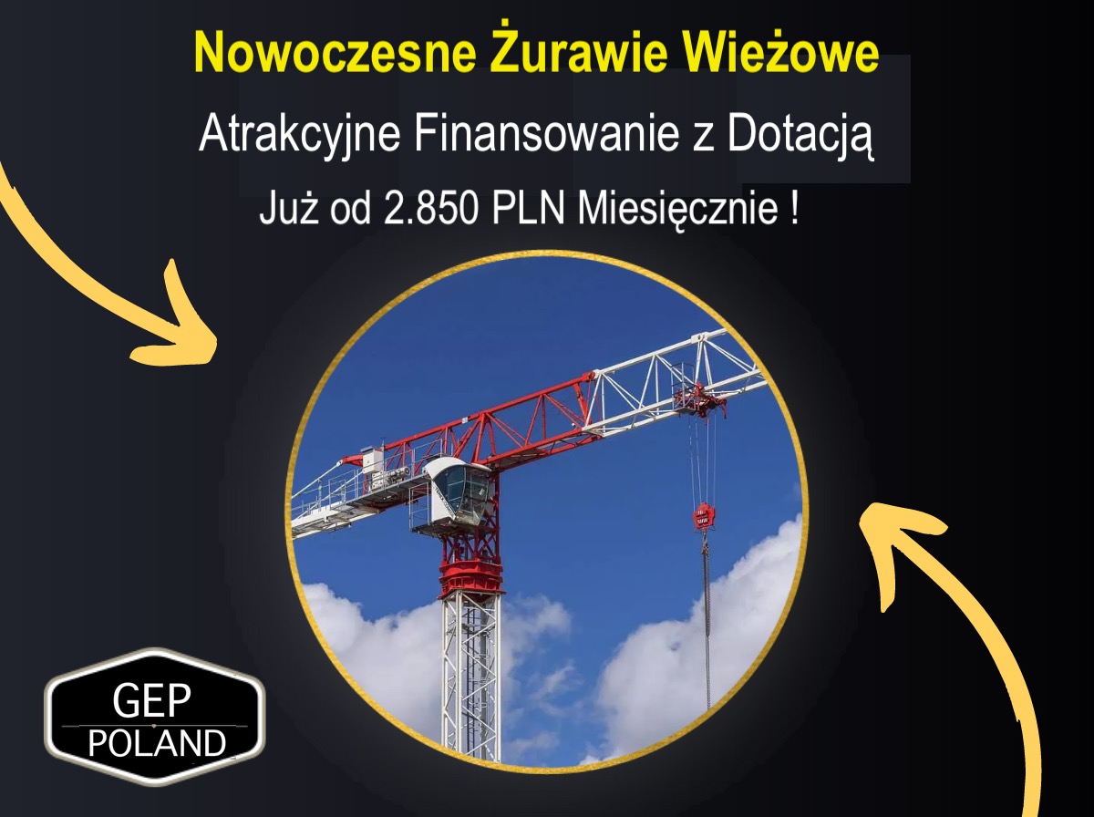 Żuraw wieżowy na tle błękitnego nieba z chmurami, widoczny w okrągłej ramce na tle ciemnego graficznego baneru reklamowego z hasłami o nowoczesnych żurawiach i atrakcyjnym finansowaniu, logo firmy...