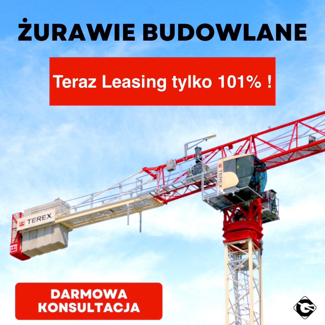 Żuraw budowlany Terex na tle błękitnego nieba z reklamą leasingu 101% i darmowej konsultacji, widoczny z dołu, z logo firmy w prawym dolnym rogu.